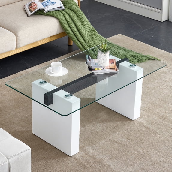 43.3'' Glass Coffee Table, Modern Rectangular Living Room Table with 0.31'' Tempered Glass Table Top & MDF Legs, Cocktail Table Center Table