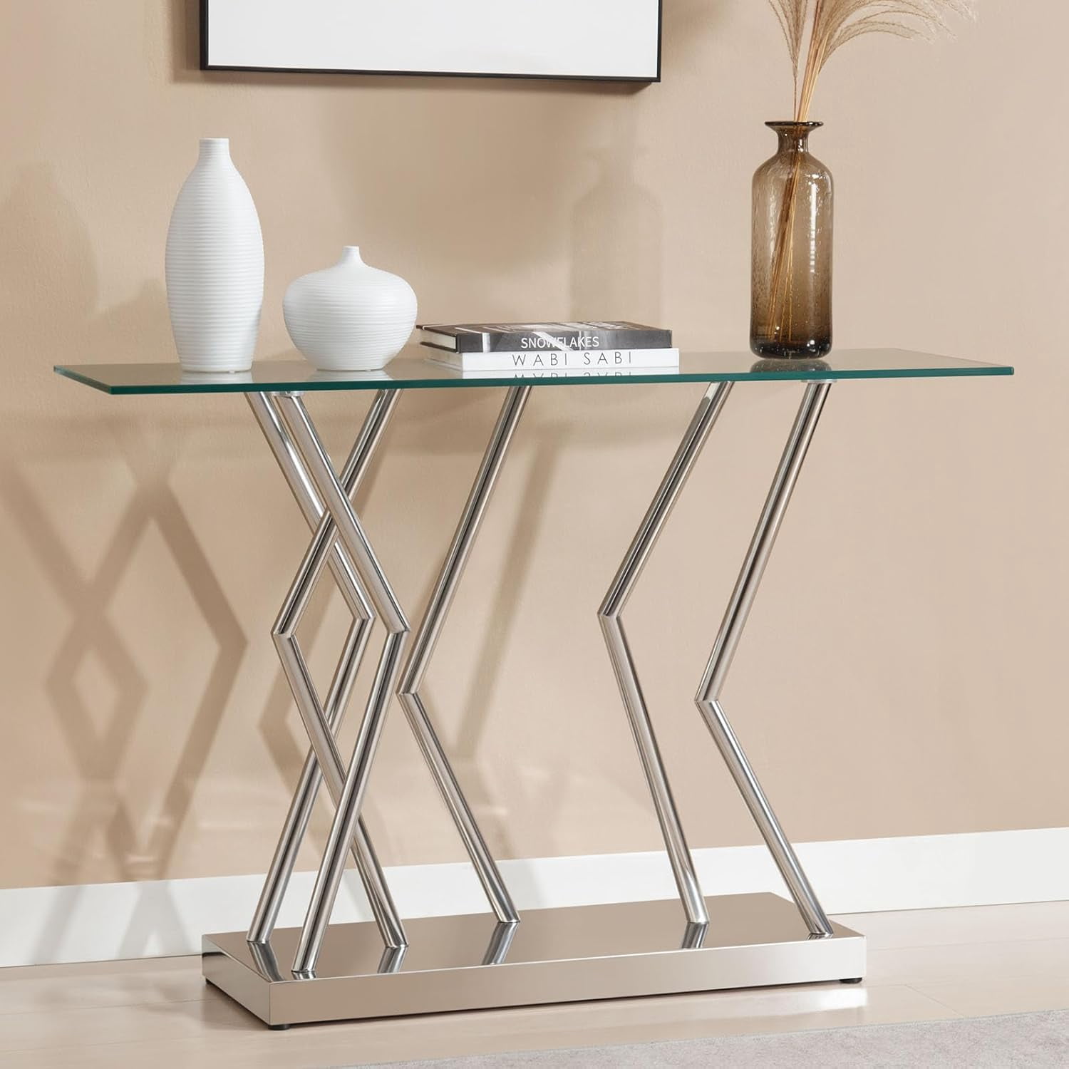 43.3'' Glass Console Tables for Entryway, Silver Hallway Table for ...