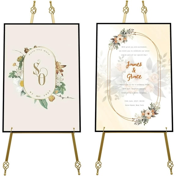 43.3" Gold Easel Stand 3 Adjustable Height Levels Metal Standing Easel, Heavy Duty Metal Display Stand Art Easel for Painting, Sign, Party, Posters & Commercial Display (18.9" x 43.3")