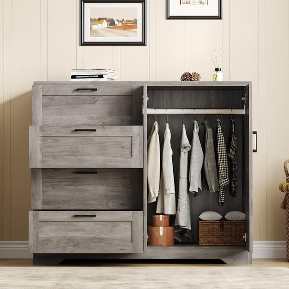 43.3" H Armoire Wardrobe Closet with 4 Drawers and 2 Doors, Hanging Rod, Multifunctional Wooden Dresser with Storage Closet, Bathroom Cabinet for Bedroom, Gray