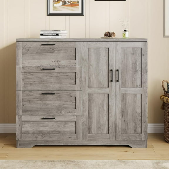 43.3'' H Armoire Wardrobe Closet with 4 Drawers and 2 Doors, Multifunctional Wooden Dresser Multifunctional Wooden Dresser Wardrobe Armoire Closet with 4 Drawers and Hanging Rod, Low Storage Cabinet f