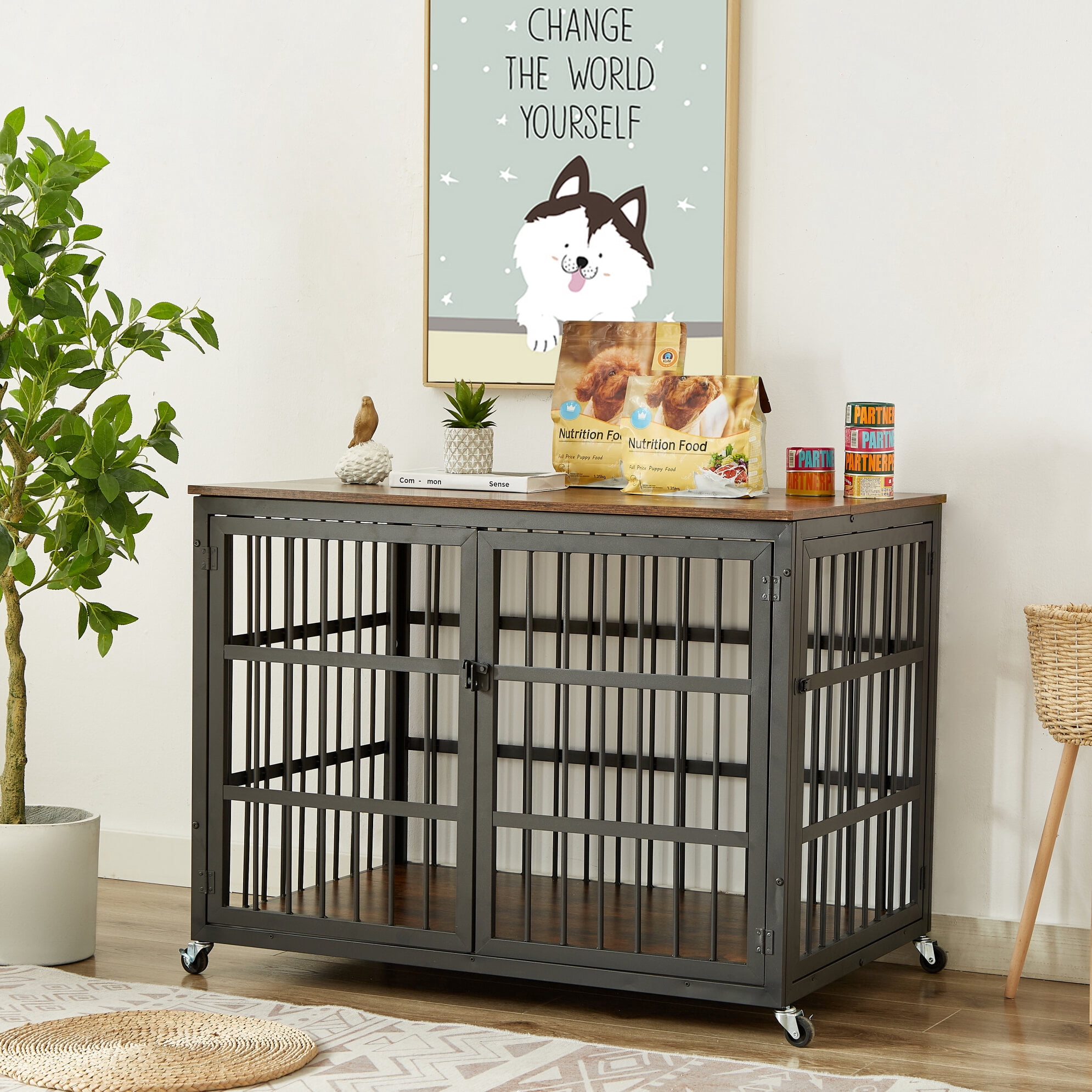 Picture of 43.3'' Heavy Duty Dog Crate with Wheels, Dog Cage Wrought Iron Frame ...