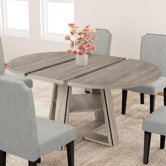43.3 Inch - 59.06 Inch Extendable Oval Dining Table for 4-8, Transformer Round Kitchen Table with Wooden Pedestal Base, Dining Room Table with Storage Shelf for Kitchen, Apartment (Gray)