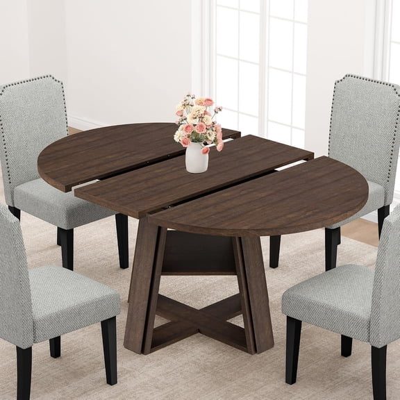 43.3 Inch - 59.06 Inch Extendable Oval Dining Table for 4-8, Transformer Round Kitchen Table with Wooden Pedestal Base, Dining Room Table with Storage Shelf for Kitchen, Apartment (Brown)