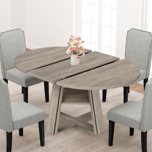 43.3 Inch - 59.06 Inch Extendable Round Dining Table for 4-8, Transformer Oval Kitchen Table with Wooden Pedestal Base, Dining Room Table with Storage Shelf for Kitchen, Apartment