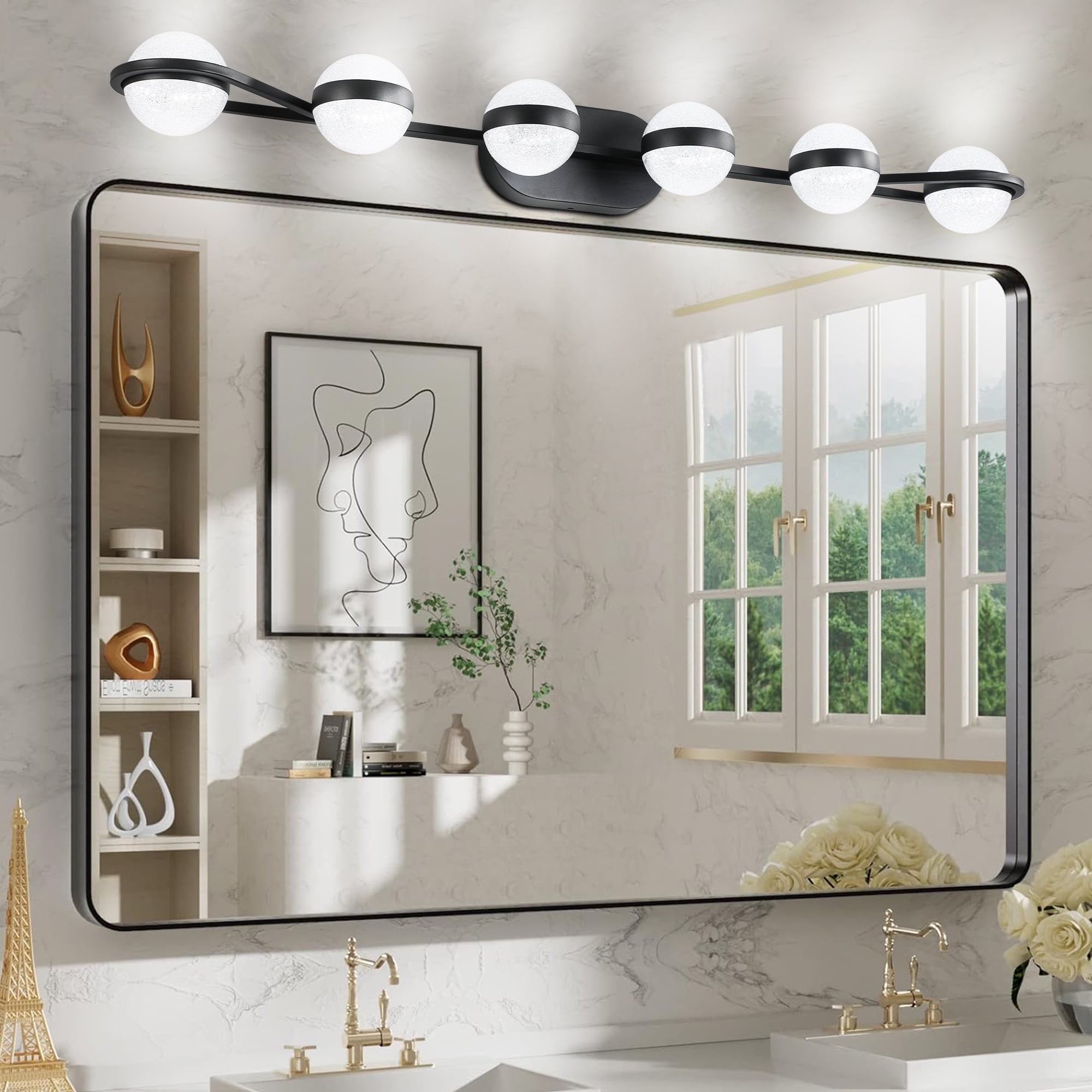 43.3 Inch 6-Light Modern Minimalist LED Bathroom Vanity Fixture with Frosted Glass Shades, Wall Mounted Decorative Lighting (Cool White 6000K)