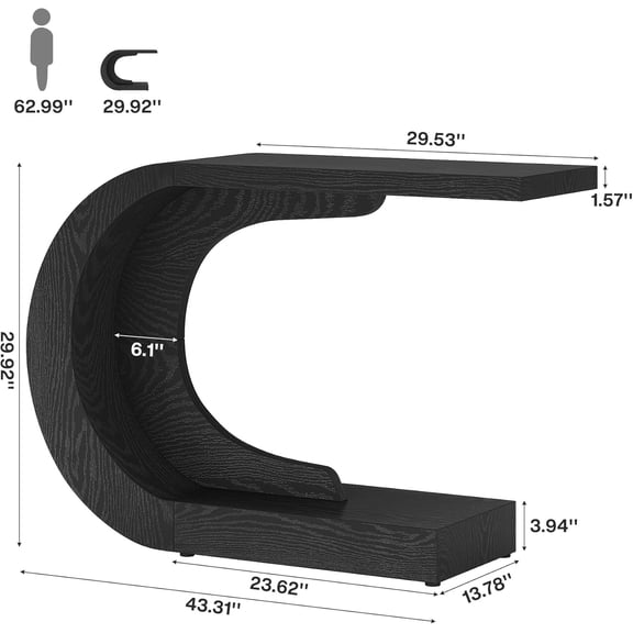 43.3 Inch Farmhouse Console Table with Storage for Behind Sofa, Rustic C-Shaped Entryway Table for Living Room Hallway Easy Assembly Black