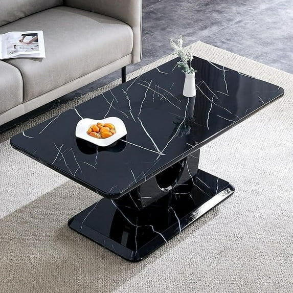 JUFU 43.3 in Modern Rectangle Coffee Table, Black Faux Marble, for Living Room