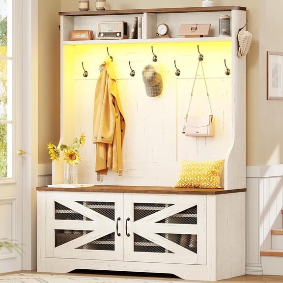 43.3 Inch Hall Tree with Bench and Shoe Storage, 5-in-1 Entryway Bench with Coat Rack, 10 Shoe Cubbies & 9 Coat Hooks, Barn Door & Adjustable Shelf, White + Brown