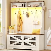 43.3 Inch Hall Tree with Bench and Shoe Storage, 5-in-1 Entryway Bench with Coat Rack, 10 Shoe Cubbies & 9 Coat Hooks, Barn Door & Adjustable Shelf, White + Brown
