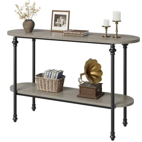 43.3 Inch Long Console Table with Storage Shelves, 2 Tier Sofa Table for Behind Couch – Metal Frame & MDF Wood Hallway Entryway Table, Space Saving, Grey