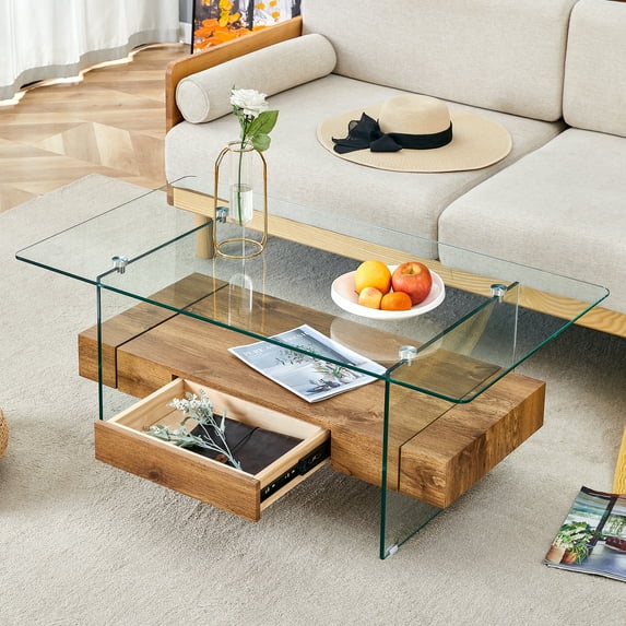 43.3 Inch Modern Two-Tier Coffee Table - Clear Tempered Glass and Natural Wood Grain, Multifunctional Storage Design.The bottom tier includes a drawer.Can be used as a coffee table,side table,etc.