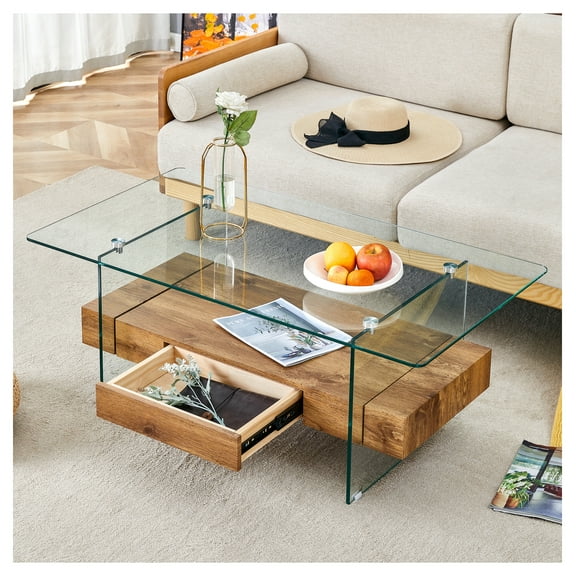 43.3 Inch Modern Two-Tier Coffee Table - Clear Tempered Glass and Natural Wood Grain, Multifunctional Storage Design.The bottom tier includes a drawer.Can be used as a coffee table,side table,etc.