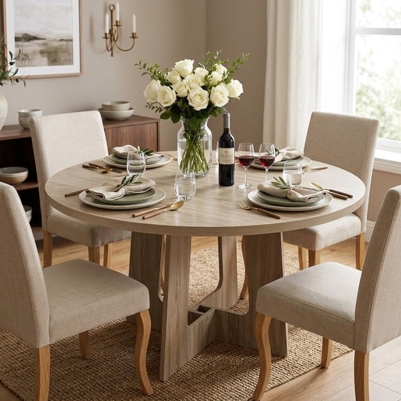 43.3 Inch Round Dining Table for 4, Modern Farmhouse Kitchen Table with Stable Base, Wooden Table for Dining Room, Living Room, Apartment, Cafe, Small SpacesNatural