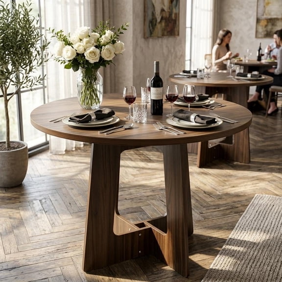 43.3 Inch Round Dining Table for 4, Modern Farmhouse Kitchen Table with Stable Base, Wooden Table for Dining Room, Living Room, Apartment, Cafe, Small Spaces,Walnut
