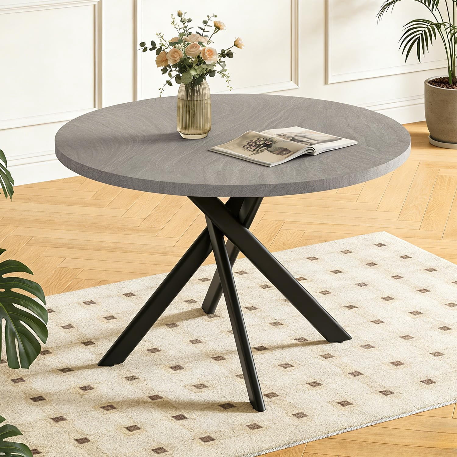 43.3-Inch Round Dining Table for 4 with Gray Metal Legs, Mid-Century ...