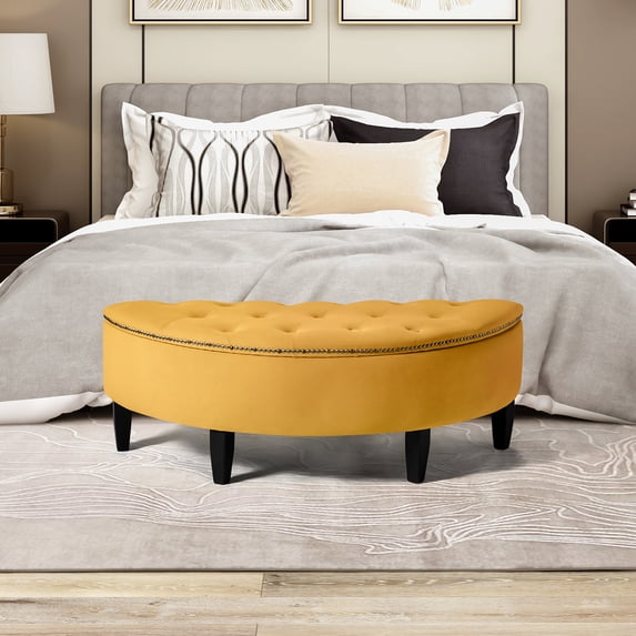 43.3 Inch Storage Bench, Modern Upholstered Bed End Chair with Button Tufted Seat Cushion and Wood Legs, Curved Storage Ottoman for Living Room Bedroom, Yellow