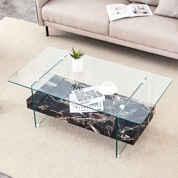 43.3 Inch Two-Tier Display Table | Ideal for Contemporary Interiors | Clear Glass Top and Marble MDF | Multiple Colors for Home Decor