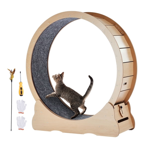 43.3 Inch Wooden Cat Exercise Wheel, Large Cat Treadmill for Indoor Cats with Detachable Carpet and Cat Teaser, Yellow