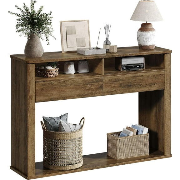 43.3 Inches Console Table, Narrow Entryway Table with 2 Drawers, 2 Compartments and Bottom Shelf, Farmhouse Hallway Accent Table for Entryway, Living Room, Foyer, Hallway, Dark Brown