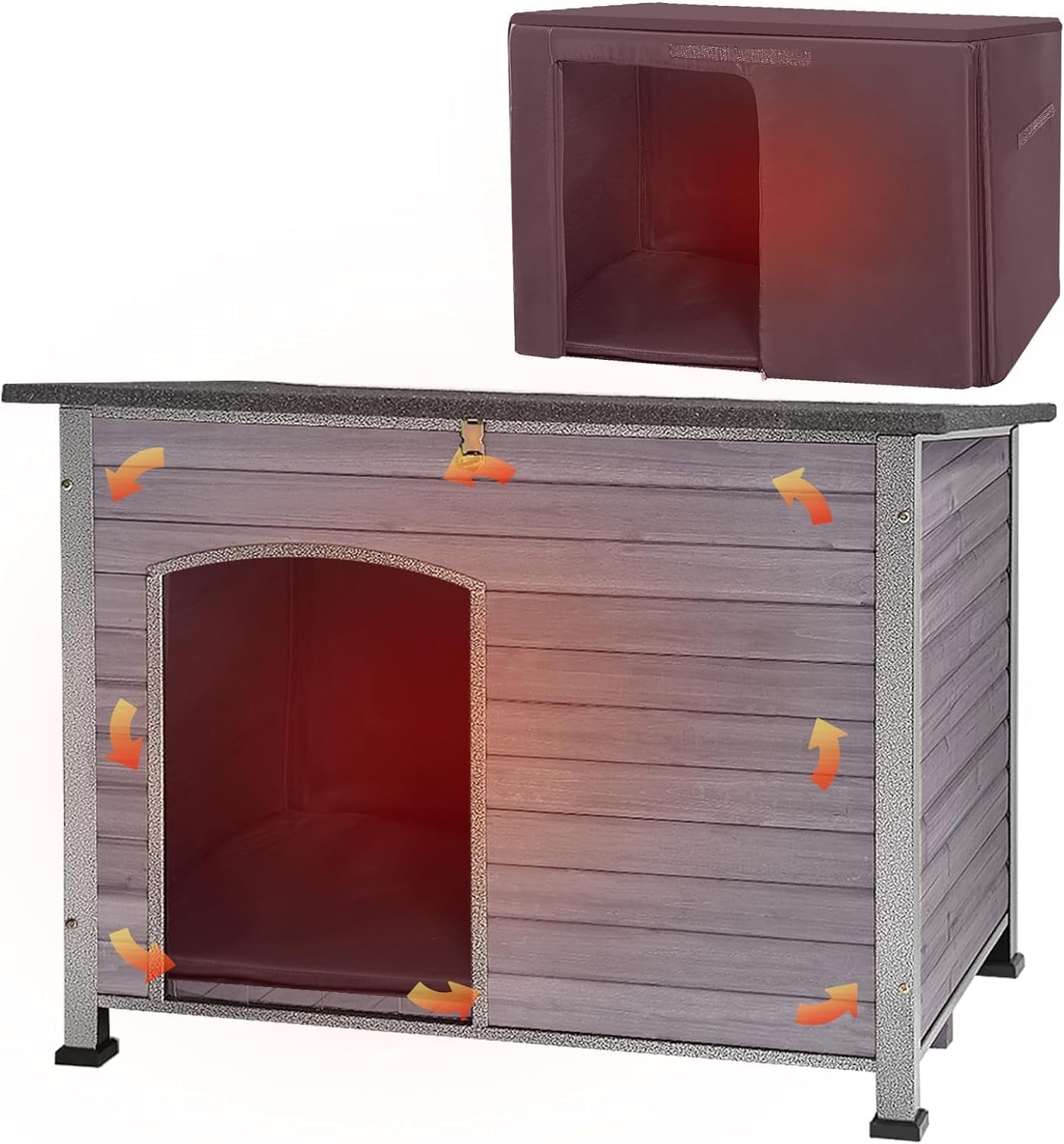 Large Gray Insulated Wood Dog House with Metal Frame