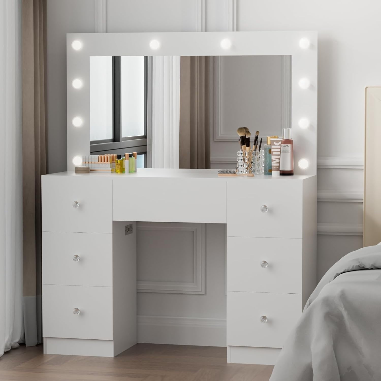 Haewon LED Makeup Vanity Desk With Mirror & Stool | 10 Lights, 3 Colors, Outlets, Drawers & Shelves