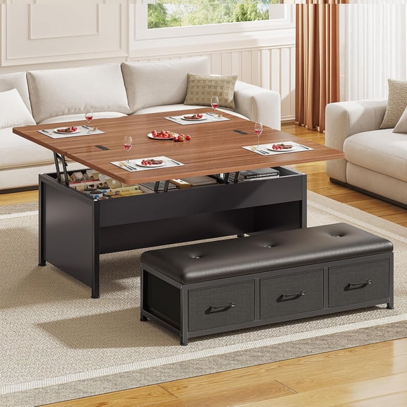 43.3'' Lift Top Coffee Table Set with Ottoman Bench, Modern Coffee Table with 3 Storage Drawers and Hidden Compartment for Living Room