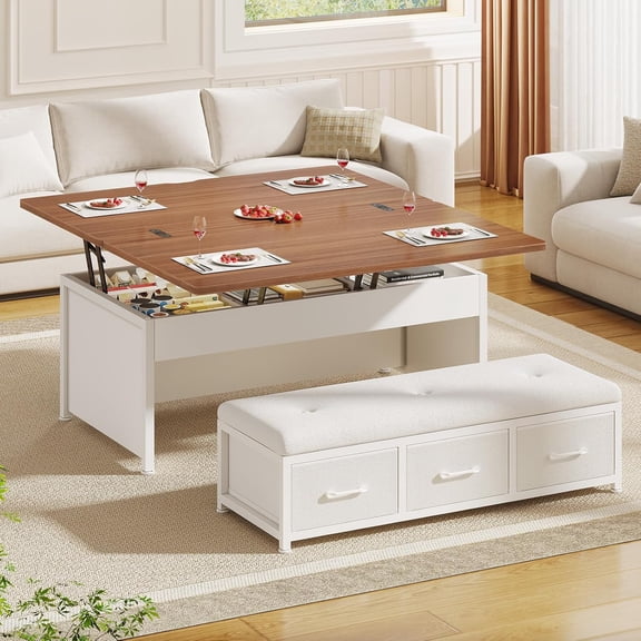 43.3'' Lift Top Coffee Table Set with Ottoman Bench, Modern Coffee Table with 3 Storage Drawers and Hidden Compartment for Living Room