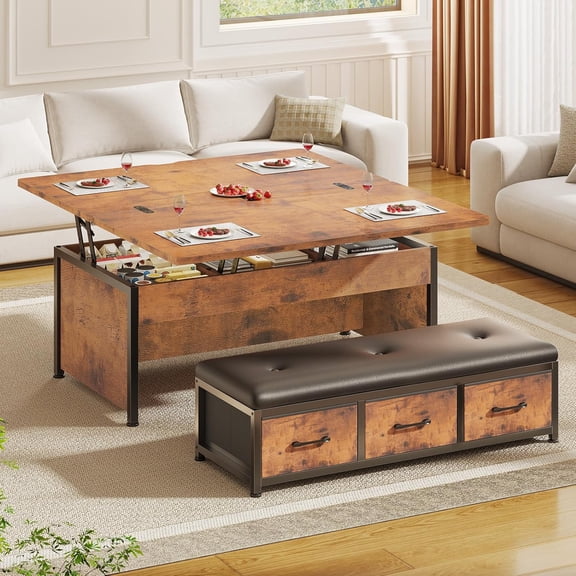43.3'' Lift Top Coffee Table Set with Ottoman Bench, Modern Coffee Table with 3 Storage Drawers and Hidden Compartment for Living Room