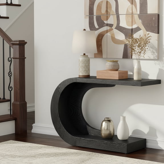 43.3" Mid-Century Modern C-Shaped Console Table, Compact Wooden Accent Table For Entryway Living Room Foyer (Black)