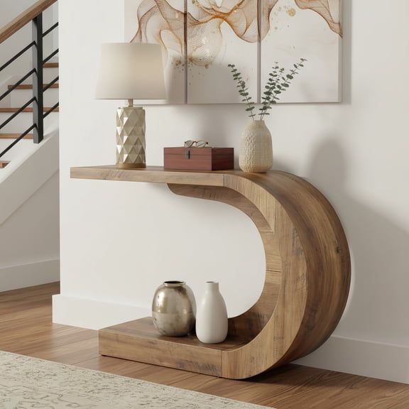 43.3" Mid-Century Modern C-Shaped Console Table, Compact Wooden Accent Table For Entryway Living Room Foyer (Rustic Brown)