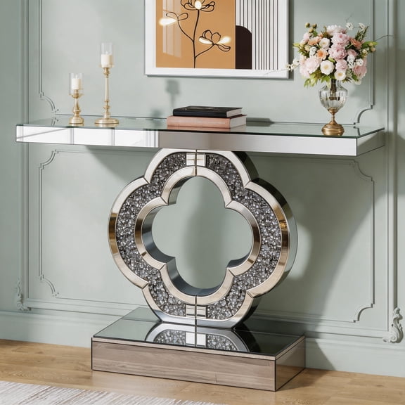 43.3" Mirrored Console Table, Silver Glam Entryway Table with Clover Crushed Diamond Base for Foyer Hallway