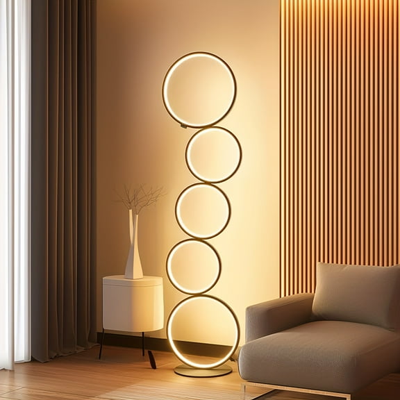 43.3" Modern Floor Lamp with RGBW Warm Light (2000K-6000K), Dimmable Standing Lamp with Remote Control, 5-Ring Circular Design, Heavy-Duty Metal Construction, for Living Room, Bedroom, Home Office