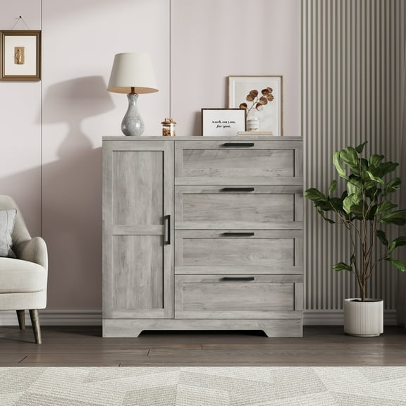 43.3" Multi-Functional Wardrobe Closet – Storage Cabinet with 4 Drawers, Hanging Rod & Door for Bedroom, Laundry Room & Entryway