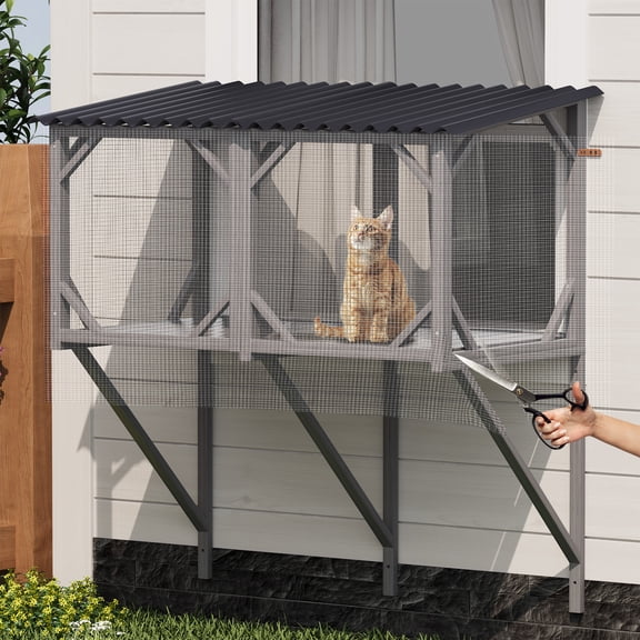 43.3" Outdoor Cat Window Box with Bug-Proof Net, Perch for Large Indoor Cats, Sunbathing & Napping, All-Weather Catio Enclosure for Cats
