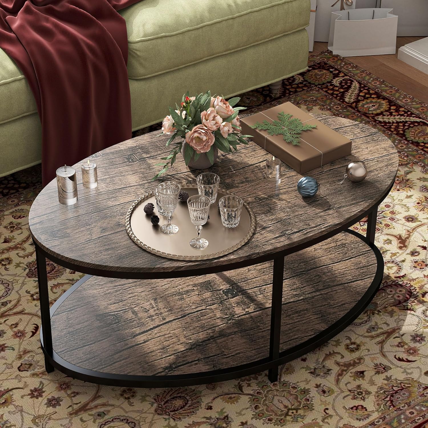 Petite Sized Oval Coffee Table With 2 Tiers And Storage Shelf, Living Room, Family Room, 35.5”L