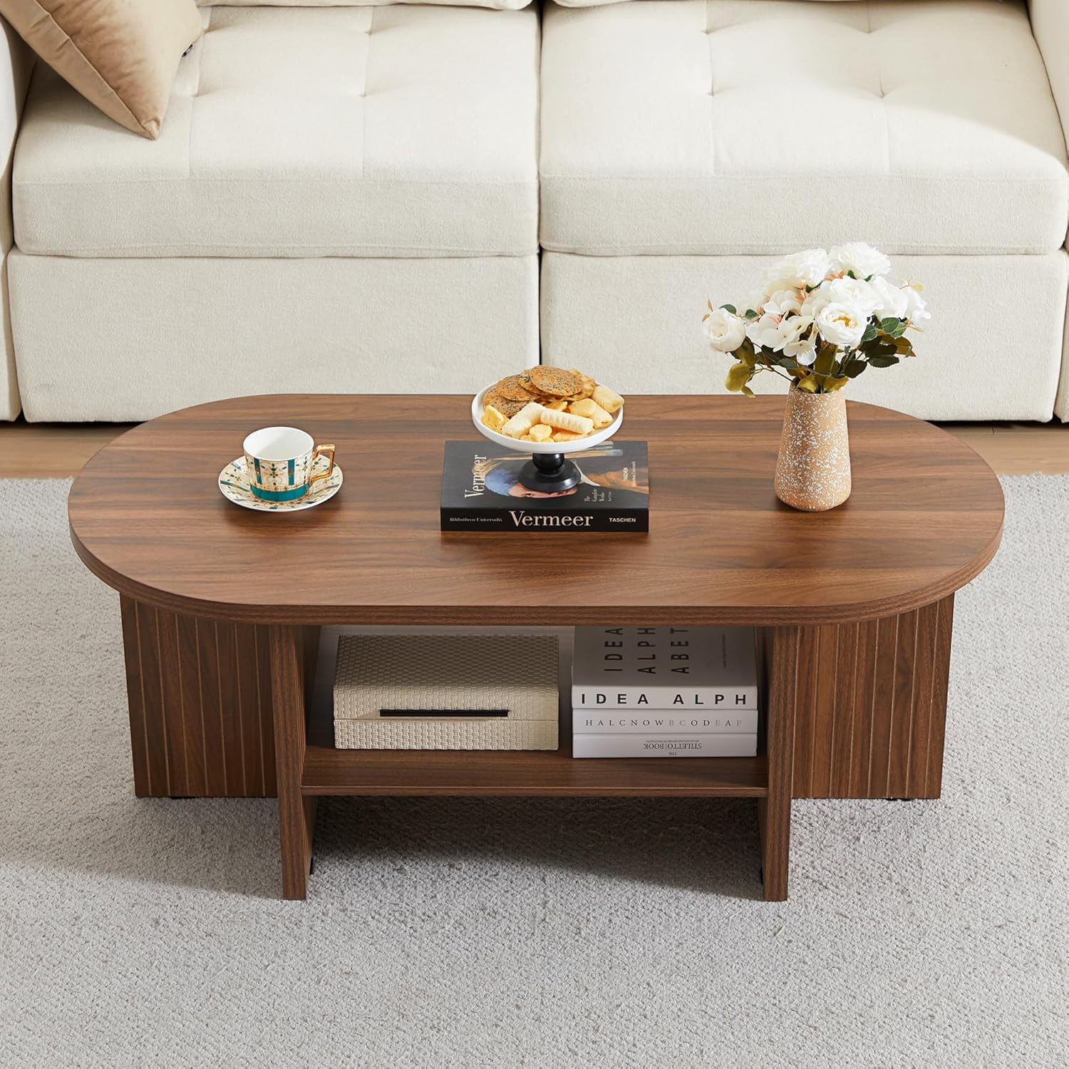 Natural Solid Wood Coffee Table with Storage Shelf - 120cm Large Center Table