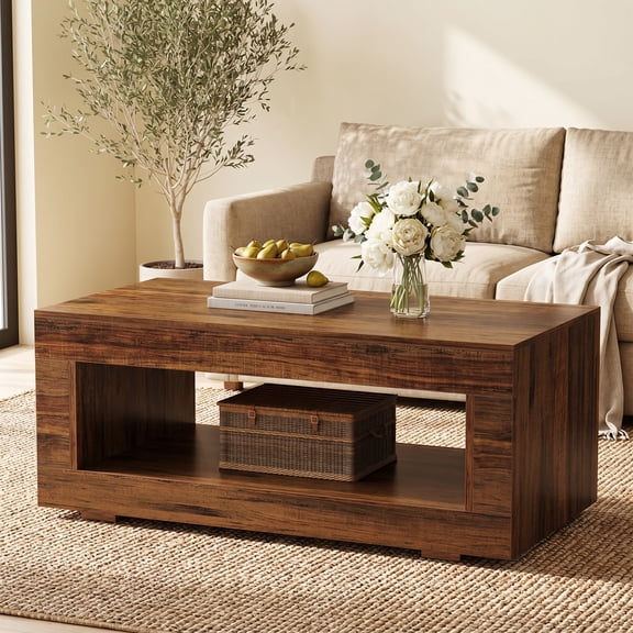 43.3" Rectangular 2-Tier Wood Coffee Table Modern Farmhouse Center Table With Storage Shelf Sturdy Base For Living Room Office (Rustic Brown)