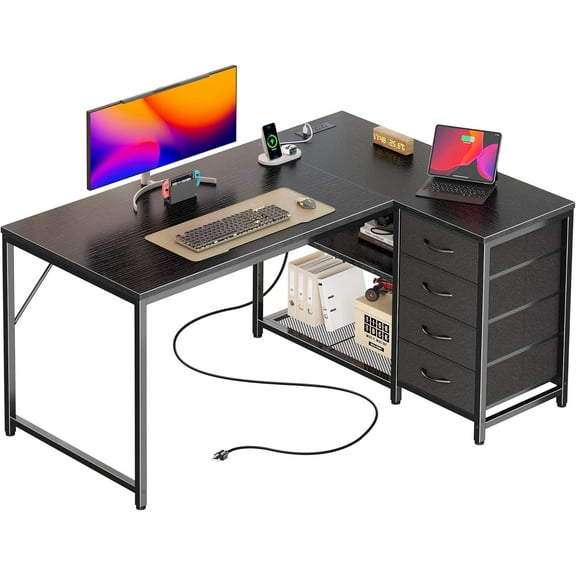 43.3" Small Computer Desk with Power Outlets and USB-C Port, Reversible L Shaped Corner Office Desk with 4 Fabric Drawers and 2 Height-Adjustable Shelves, for Gaming Writing, Black