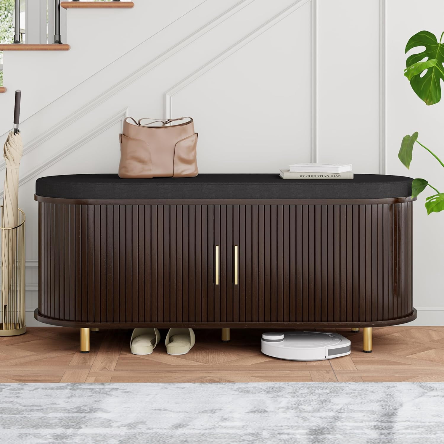 43.3" Storage Bench 2-Tier ,Wide Shoe Bench with Thickened Padded Seat Cushion, Fluted Sliding Door and Adjustable Shelf, for Entryway, Living Room, Bedroom, Dark Walnut