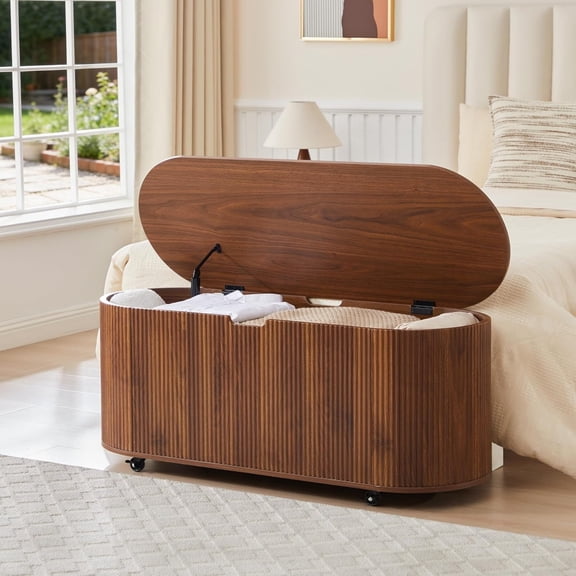 43.3 Storage Bench with 4 Wheels, Fluted Oval Storage Chest with Safety Hinges, Modern Wooden End of Bed Bench, Large Storage Trunk Toy Chest with Lift Top for Entryway Bedroom Living Room, Walnut