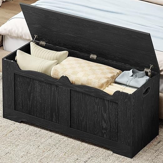 43.3" Storage Chest, Extra Large Storage Bench Trunk with 2 Hinges, Wooden Box, Lift-Top Chest Organizer, Shoe Bench for Entryway, Bedroom, Living Room, Black