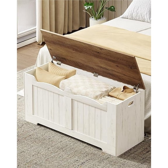 43.3" Storage Chest, Extra Large Storage Bench Trunk with 2 Hinges, Wooden Box, Lift-Top Chest Organizer, Shoe Bench for Entryway, Bedroom, Living Room, White and Brown