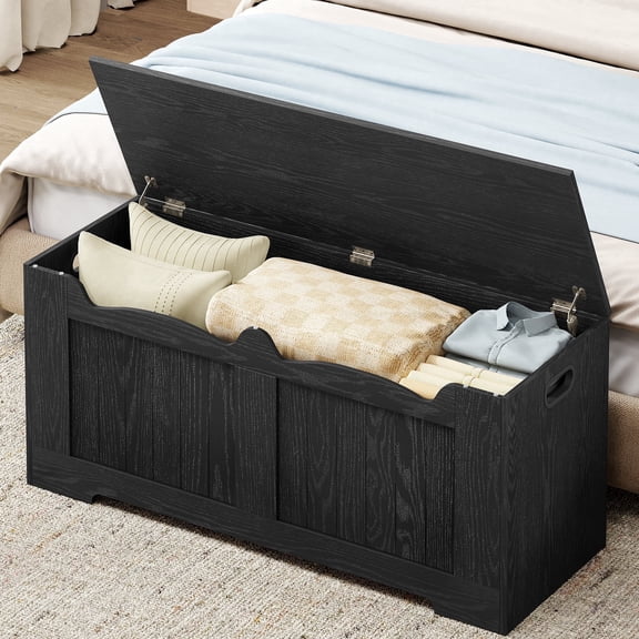 Hzuaneri 43.3" Large Storage Chest, Wooden Storage Bench with 2 Hinges, Lift-Top Chest Organizer for Living Room, Bedroom, Entryway, Black