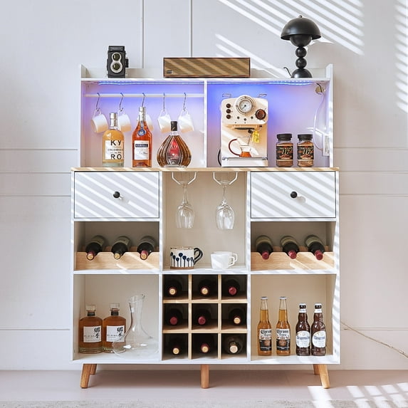 Sideboard Buffet with Power Outlet, LED Lighted Wine Rack, Glass Holder & Storage Drawers, Wine Cabinet with Storage Drawers & Open Shelves, Sideboard Buffet Cabinet for Dinging Room, Living Room
