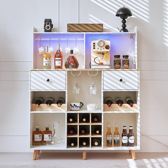 Sideboard Buffet with Power Outlet, LED Lighted Wine Rack, Glass Holder & Storage Drawers, Wine Cabinet with Storage Drawers & Open Shelves, Sideboard Buffet Cabinet for Dinging Room, Living Room