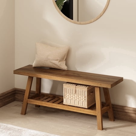 43''W Solid Wood Entryway Bench with Shelf, Farmhouse Long Wooden Bench for Indoor Living Room Bedroom