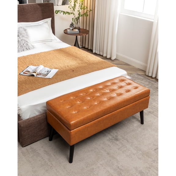 43.3" W X 17.7" Foot Of Bed Leather : Brown, With Storage Area Bench: Brown
