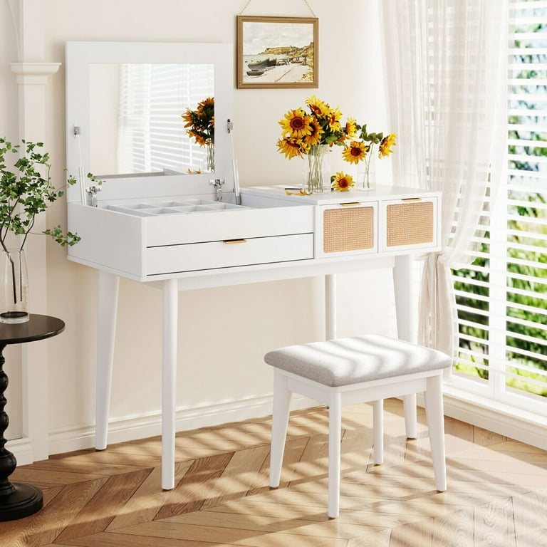 43.3 Wood Makeup Vanity Desk with Flip top Mirror Drawers Vanity Dressing Table with Storage Space and Cushioned Stool Vanity Makeup Desk Set for Bedroom White Walmart