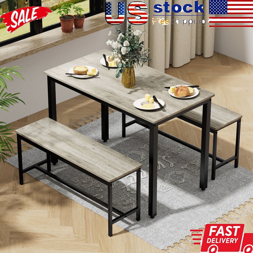43.3 in Dining Table Set for 4 W/2 Benches Living Room Kitchen Waterproof Gray - Walmart.com